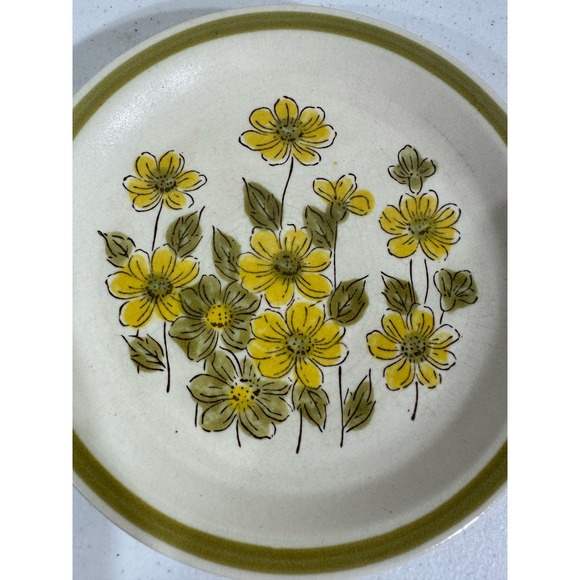 Spring Bouquet Stoneware Yellow Floral Green Band Bread & Butter Plate Set of 2 - Picture 3 of 7